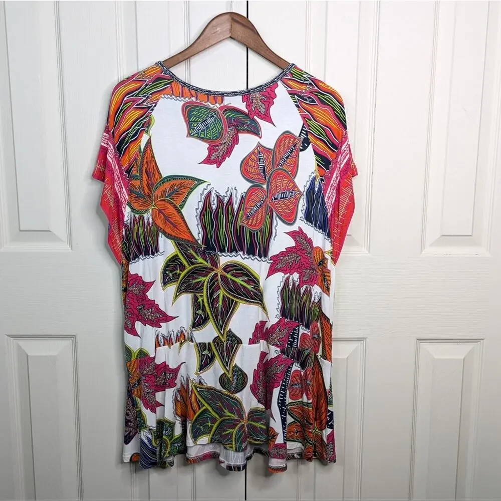 Soft Surroundings Tigerwood Tunic Top XL Tropical Floral Resort Travel Henley